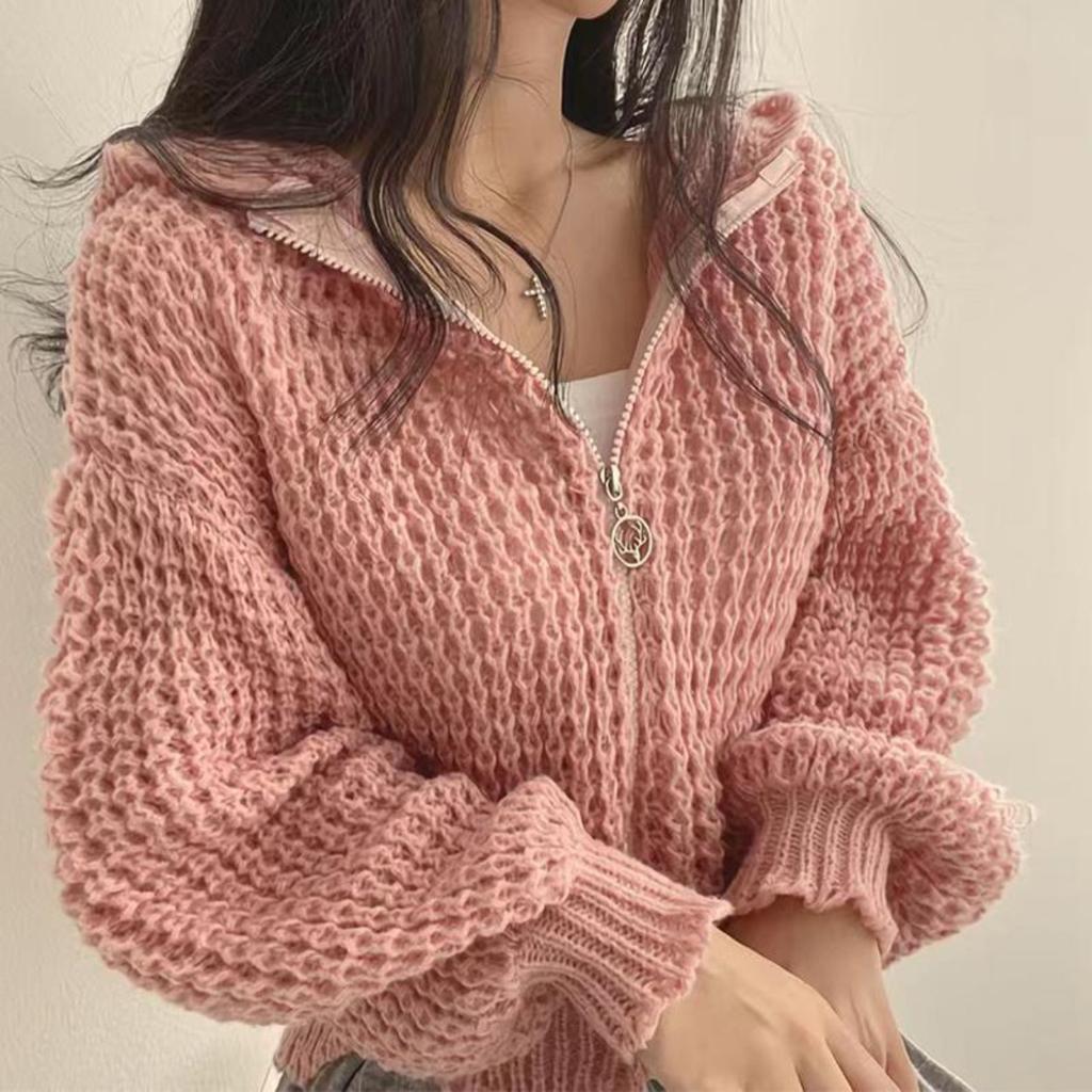 Hooded Knitted Cardigan Sweater Loose Zipper Long Sleeve Jacket