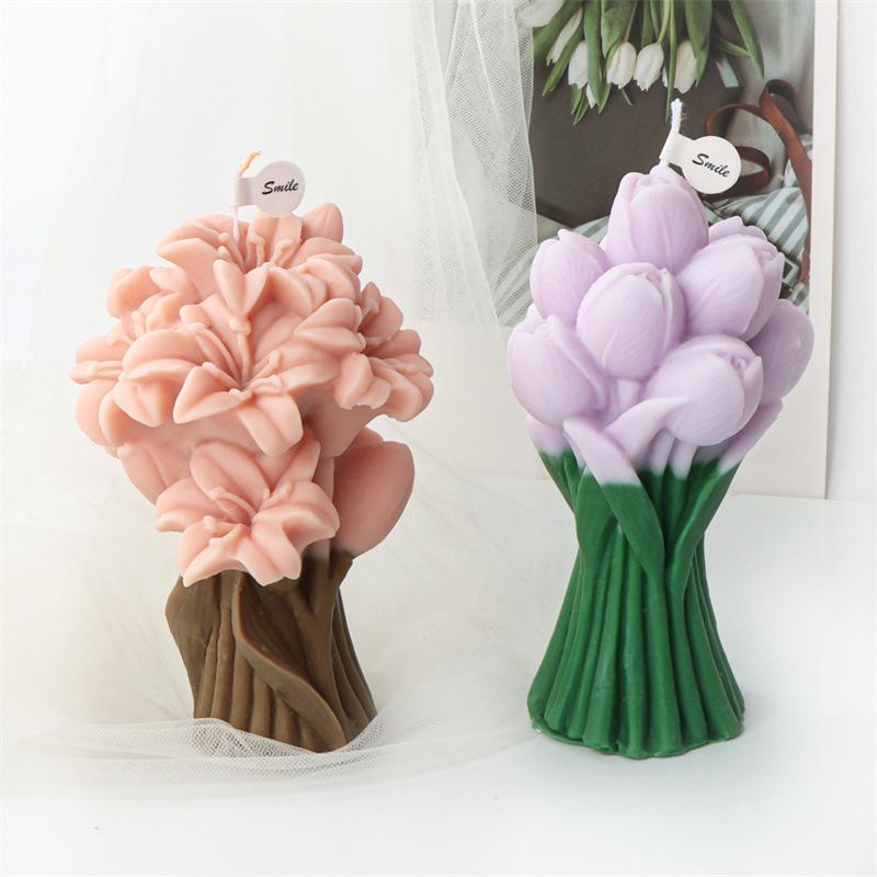 Lily Flower Bouquet Silicone Candle Mold DIY Anemone Tulip Flower Bouquet Shaped Candle Plaster Decorative Home Accessory  Gift