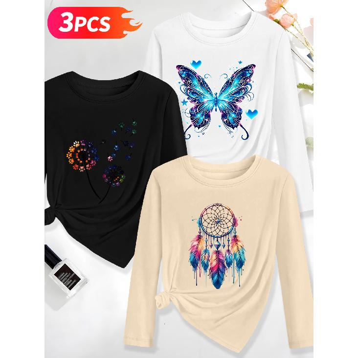 Holiday clothing Three-piece elegant long-sleeve outfit for women Butterfly Shadow Dreamcatcher Vintage Print Spring, Summer, Autumn Casual Elegant