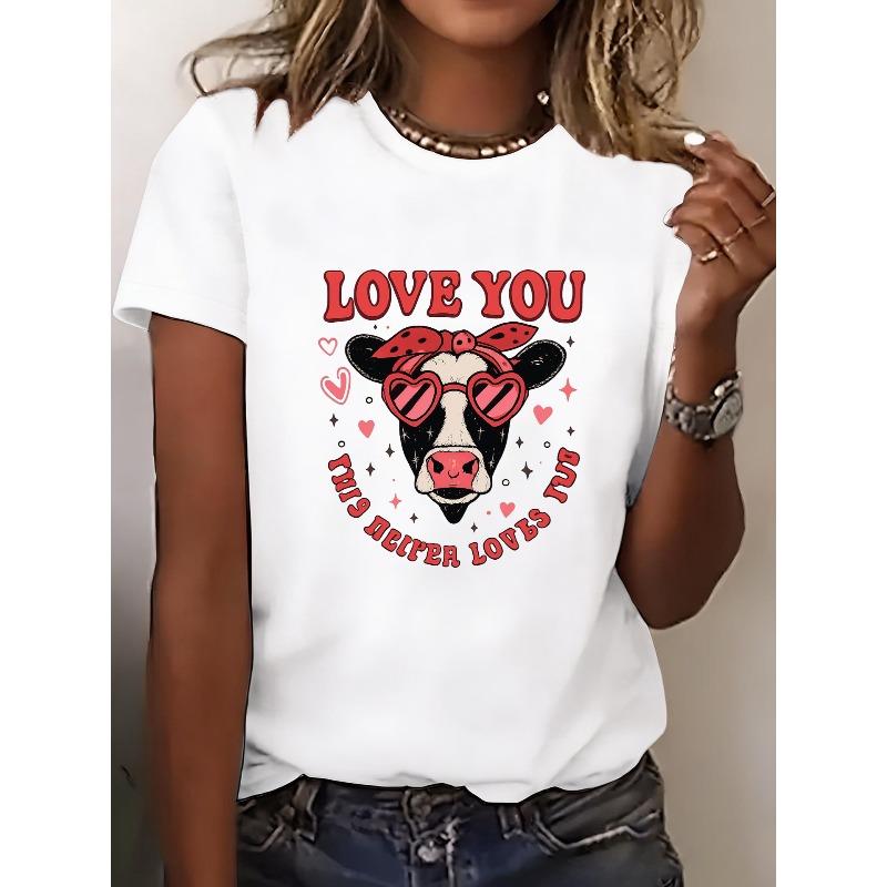 Women' Cow Print T-Shirt Blouse Cow Top - Short Sleeve Round Neck Cow Shirt, Machine Washable Casual Elegant Beachwear Suitable for Travel,