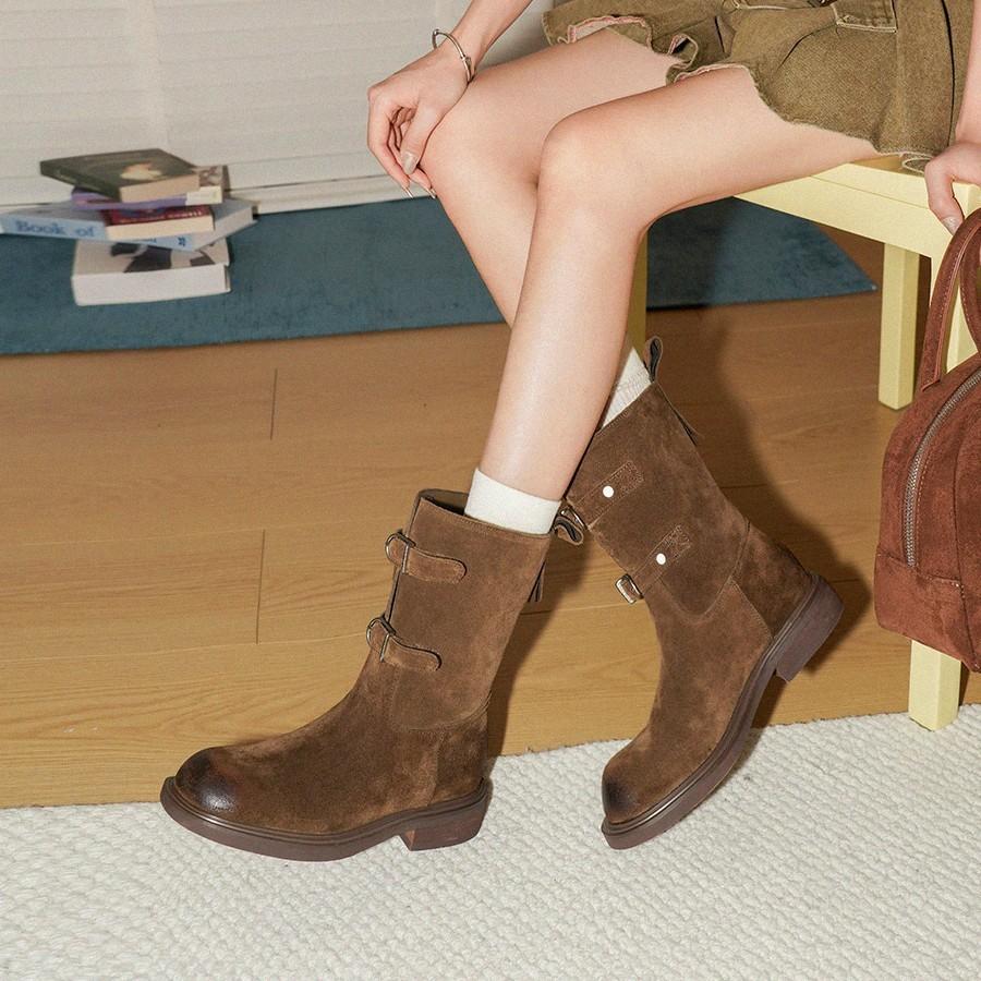 Blue Cabinet Edition~ Retro Polished Belt Buckle Western Cowboy Boots Skinny Short Boots Women's Maillard Martin Boots Locomotive Boots