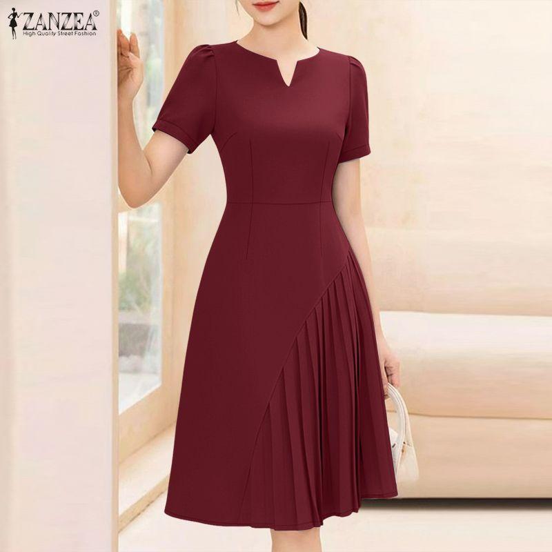 ZANZEA Abito casual da donna a maniche corte con scollo a V tinta unita