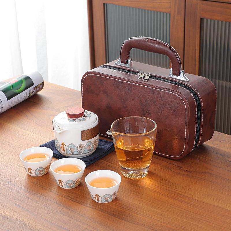 Ceramic Tea Set Travel Portable Outdoor Tea Bag Ceramic One Pot Three Cups Tea Set Home Office Quick Customer Cup Handheld Gift