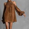 European & American Suede Plush Lantern Sleeve Off-Shoulder Mini Dress, Half-High Collar Halter Neck, 2025 Fashion.