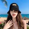 Japanese-style Letter Print Breathable Bucket Hat, Summer Hollow-out Knitted Hat for Shopping and Outings, Makes the Face Look Smaller,
