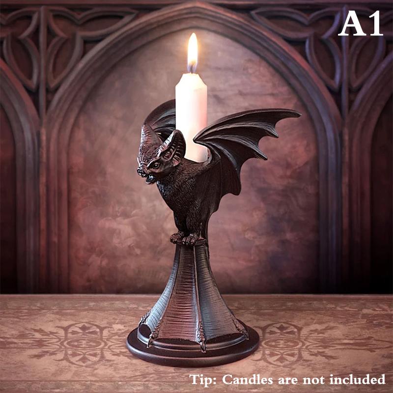 

Gothic Candle Holder Vintage Cat Wolf Bat Statue Halloween Candlestick Holder For Home Party Decoration Resin Sculpture