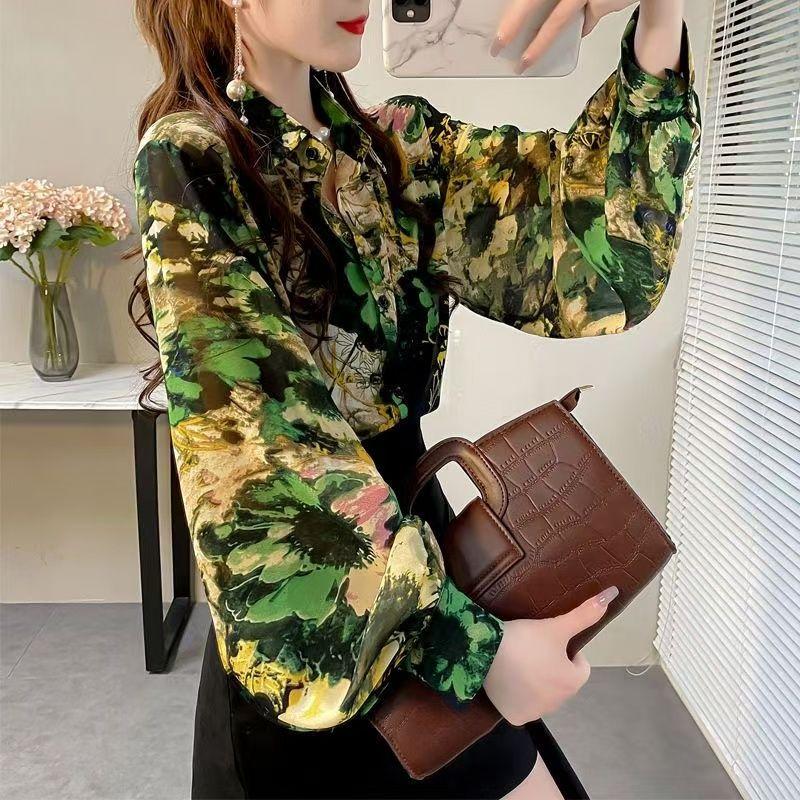 Retro Women's Printed Shirt Slim-fit Lantern Sleeve Floral Shirt Collared Chiffon Shirt Spring