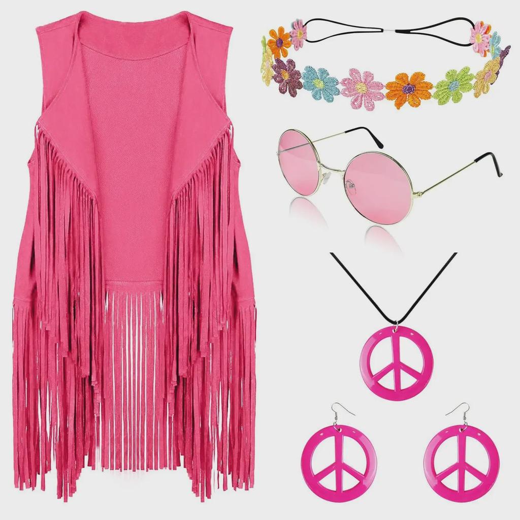 60er Jahre Hippie Kostümset: Damenweste mit Quaste und Retro-Cosplay-Outfit