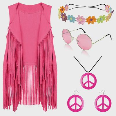 Set Costum Hippie Anii '60: Vestă cu ciucuri pentru femei și ținută cosplay retro