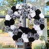 Black and White Rose Crow Front Door Wreath Halloween Decorative Wreath For Home Party Festival Porch Decoration