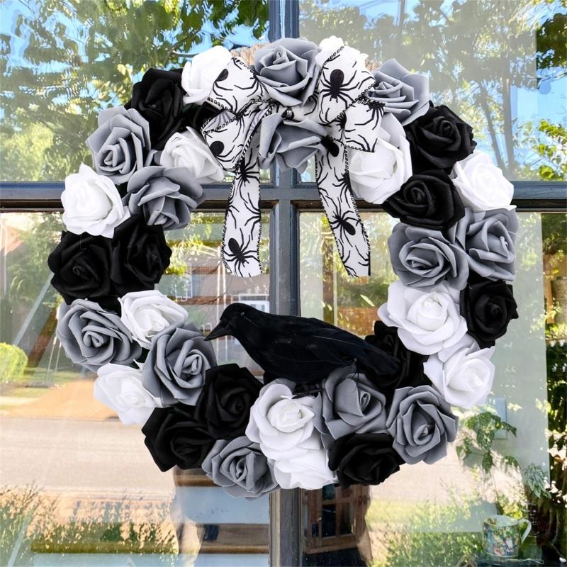 Black and White Rose Crow Front Door Wreath Halloween Decorative Wreath For Home Party Festival Porch Decoration