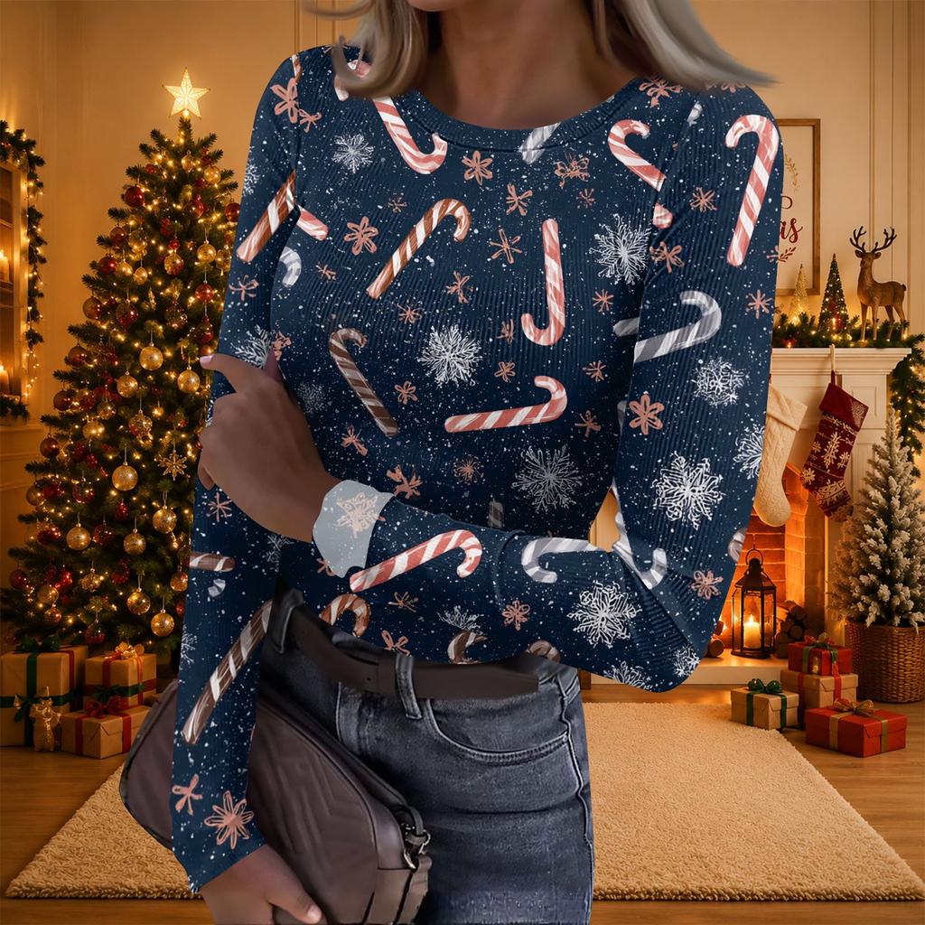 Women's Christmas Print Long Sleeve Round Neck Ribbed Knit Top