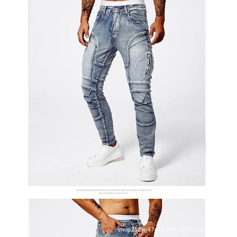 Jeans in stile motociclista da uomo, moda street europea, jeans skinny elasticizzati slim-fit, jeans dritti da uomo