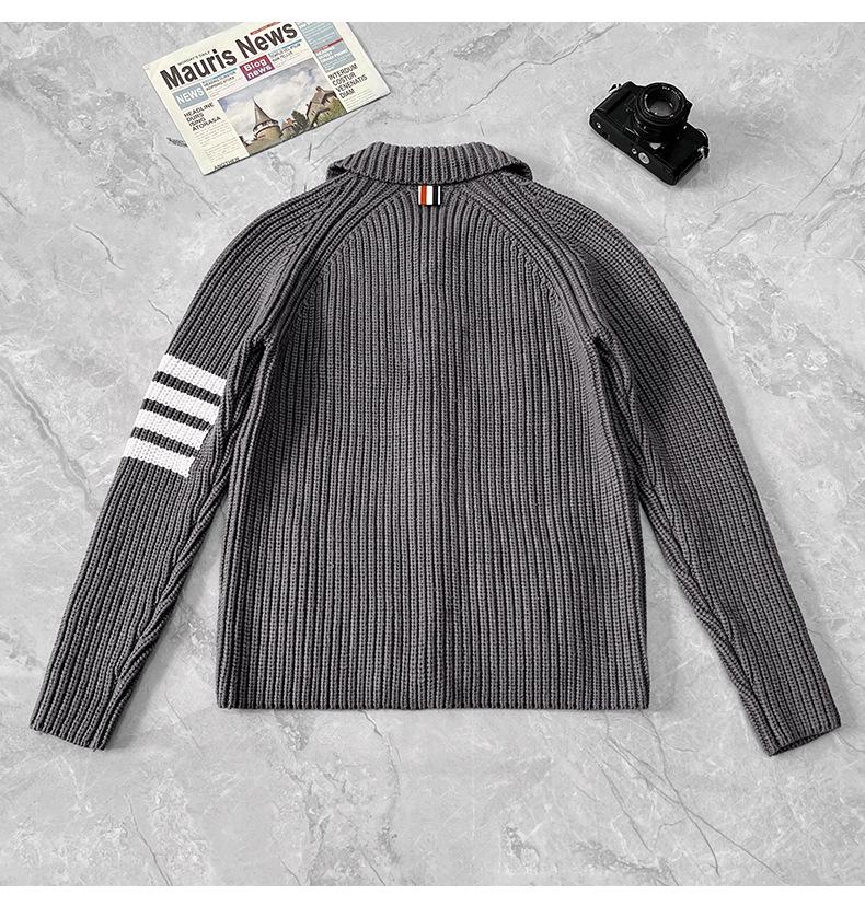 Four-Stripe Unisex Thick Knit Cardigan - Lapel Long Sleeve for Autumn/Winter