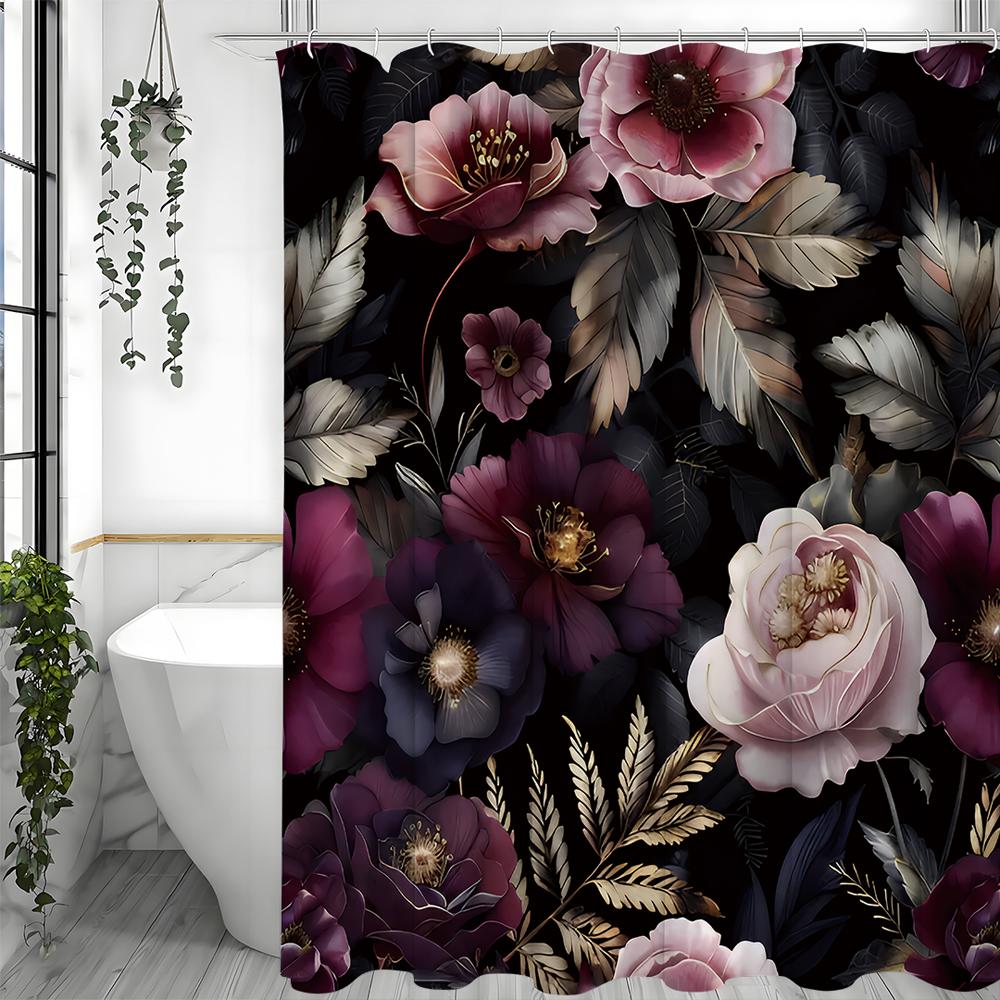 Lila Blommig Svart Bakgrund Duschdraperi, Badrum Dekorativt Duschdraperi, Vattentätt Duschdraperi med Krokar