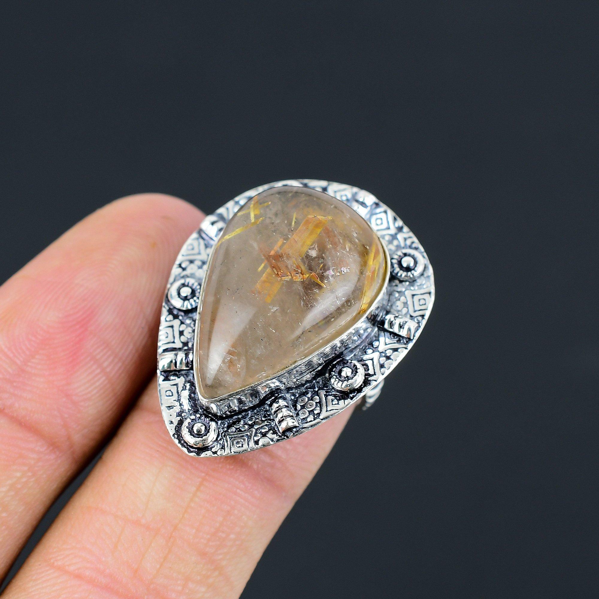 Womens day Sale Golden Rutile Gemstone 925 Sterling Silver Handmade Ring US 7 7