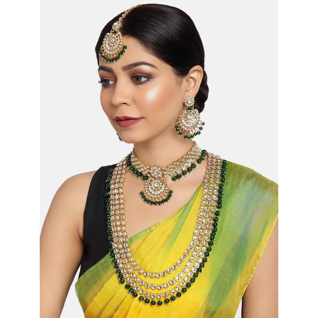 Green Beads Bridal Kundan Choker & Long Necklace, Earring & Maangtikka Set For Women