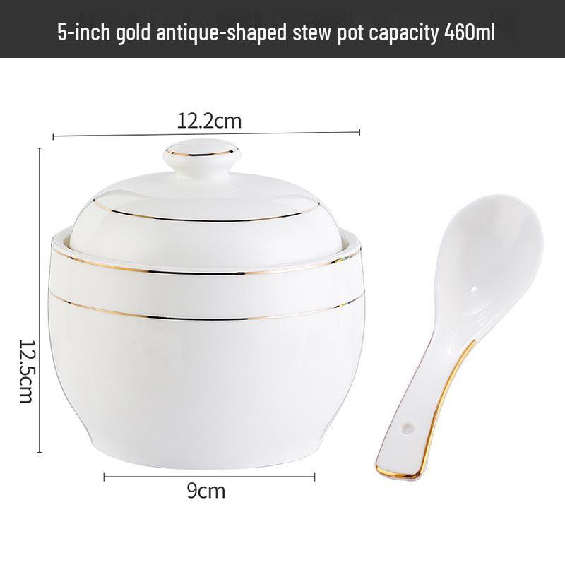 Keramik-Schmortopf mit Deckel, goldrandig, für den gewerblichen Gebrauch: Ideal für Vogelnestersuppe, gedämpfte Desserts und Eier.