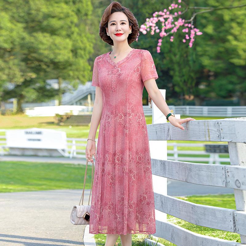 Floral Print Maxi Dress Middle Aged Women Summer The Season Slimming Tunic Length Skirt