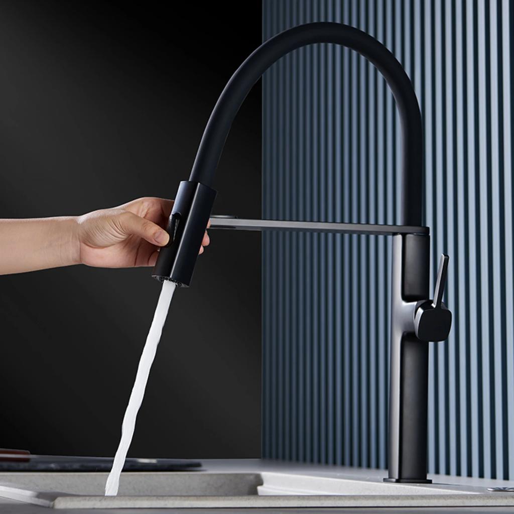 High end black brass kitchen faucet magnetic suction design 2 function single handle cold and hot dual control sink faucet