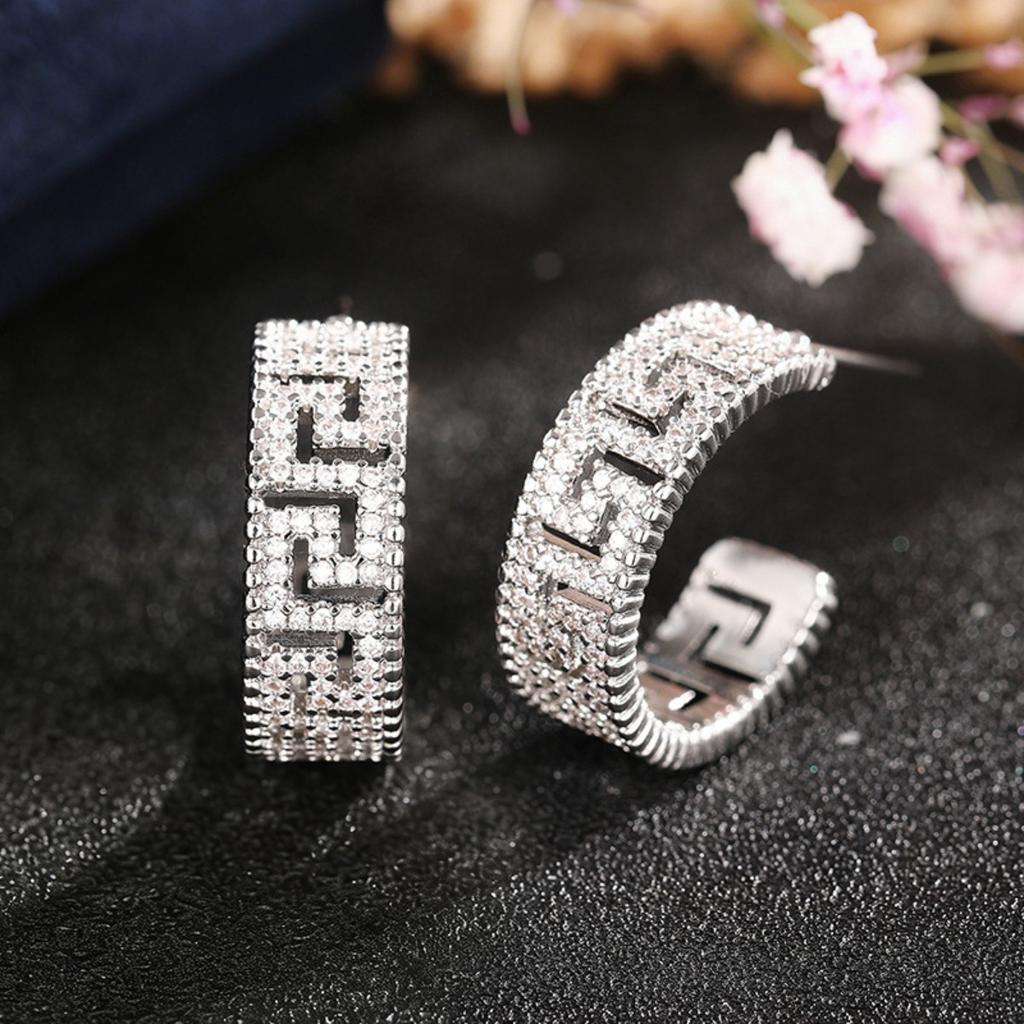 Geometric Pattern Paved Earrings for Women Fashion Hollow Design Sparkling Earrings for Party and Daily Wear