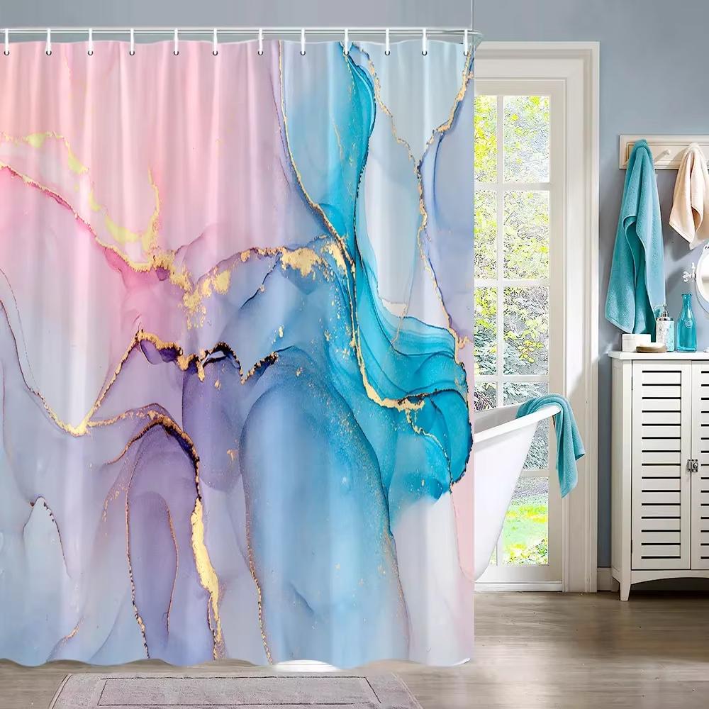 Abstract Marble Pattern Shower Curtain, Geometric Printed Bathroom Decorative Shower Curtain, Fabric Home Curtain with Hooks