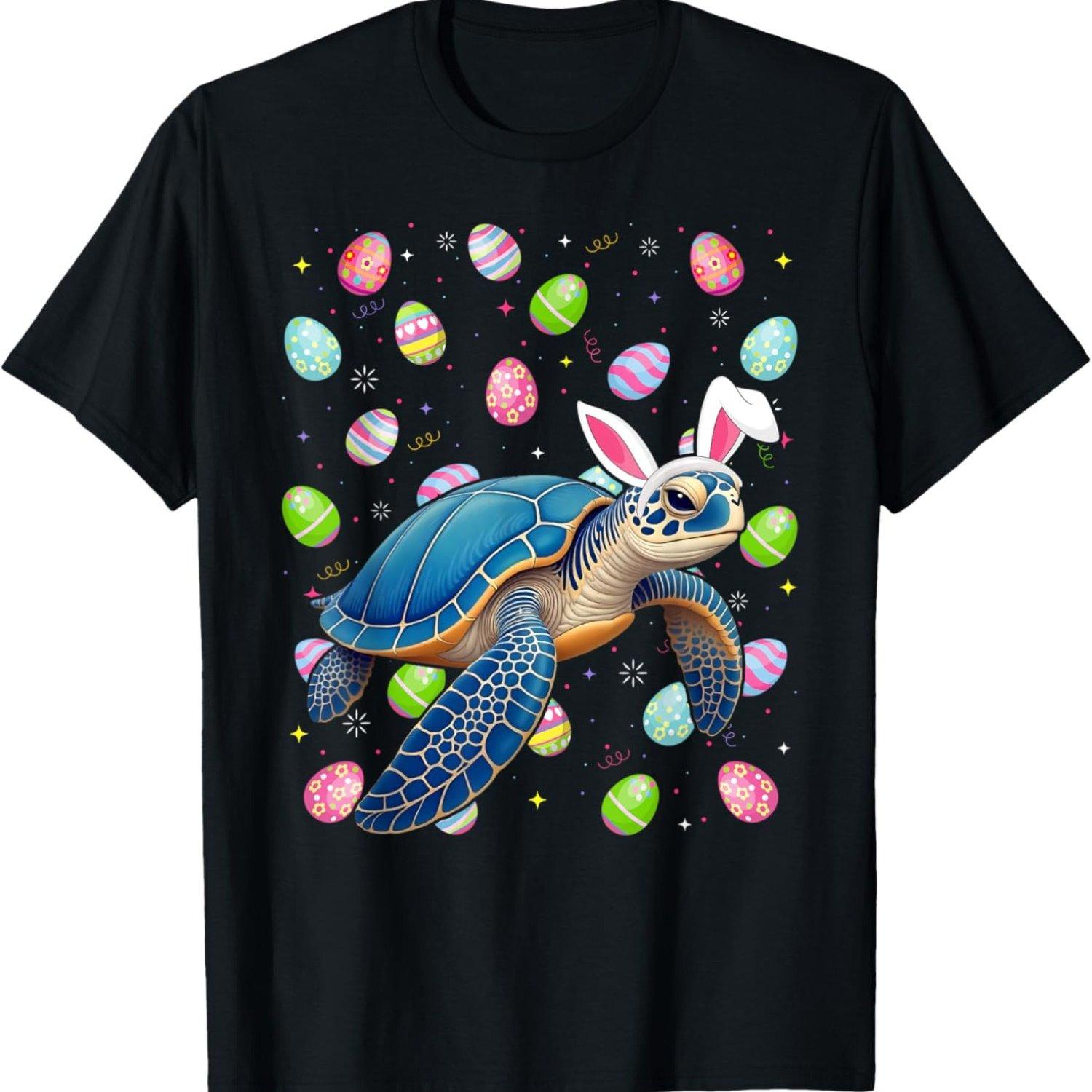 Sea Turtle Bunny Ears Easter Eggs Graphic Tee Men Casual Breathable Trip T-Shirt 4XL
