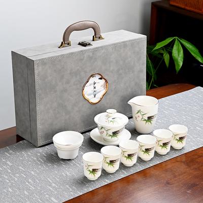 Dehua Weißes Porzellan Kung Fu Suet Jade Teeservice Haushaltsdeckel Schüssel Geschenkbox Komplettes Set aus Jade-Porzellan Komplettes Geschenkset