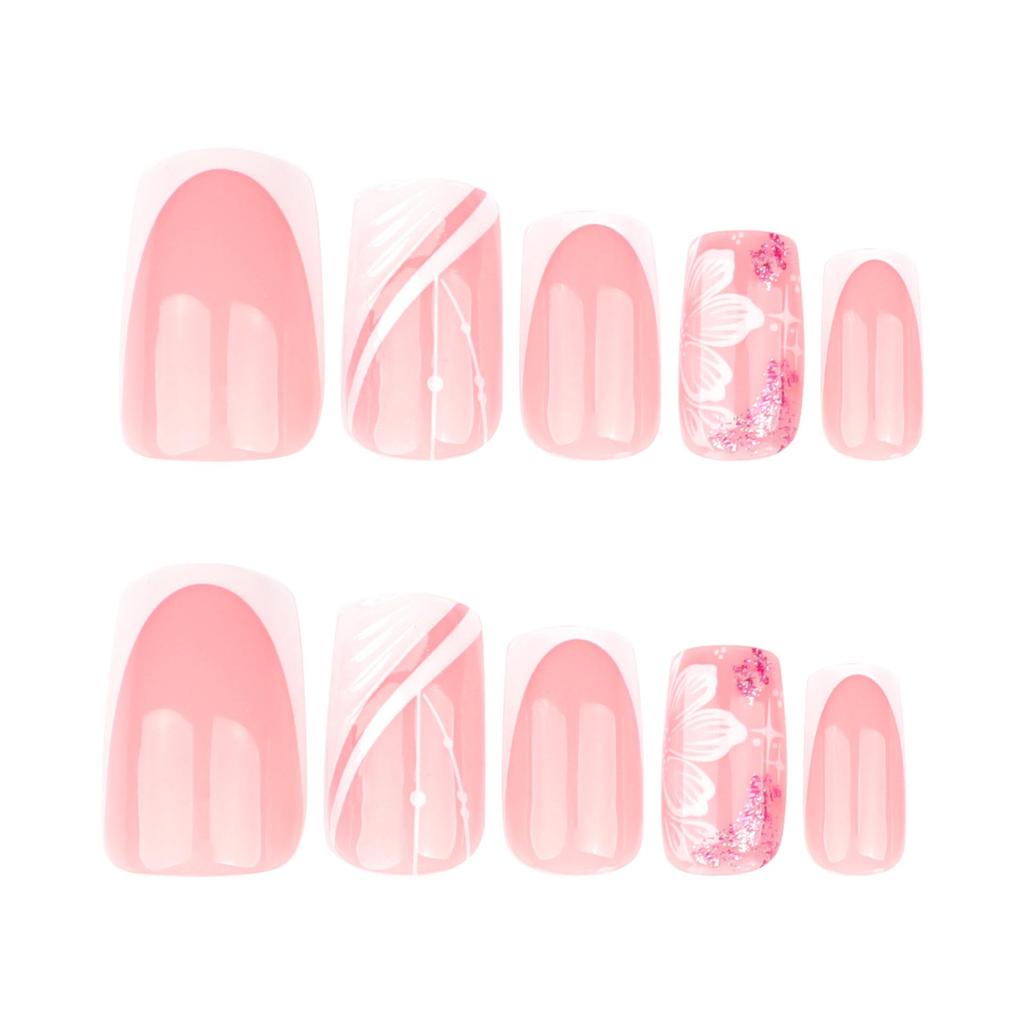 3D Diagonal Stripe Wearable Nail Art with White Flower - Medium Short Square Nail Tips for Europe and America