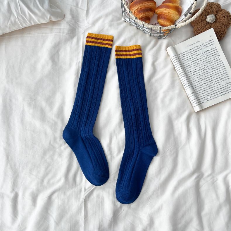 Meias de Cano Médio Listradas Coloridas de Algodão Penteado Agulha Dupla Femininas Meias Jk Até o Joelho Meias de Bezerro Estilo Faculdade Japonês