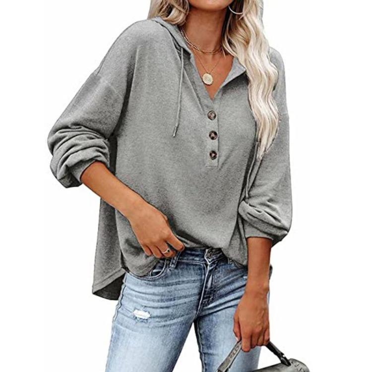 Autumn Winter Women Casual Loose V Neck Hoodie Top Solid Color Single Breasted Shirt