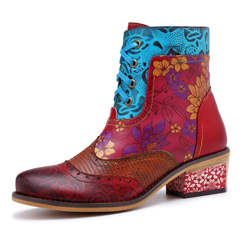 

Export large size casual retro women s boots lace-up printed dark pattern cowboy boots 36 красный