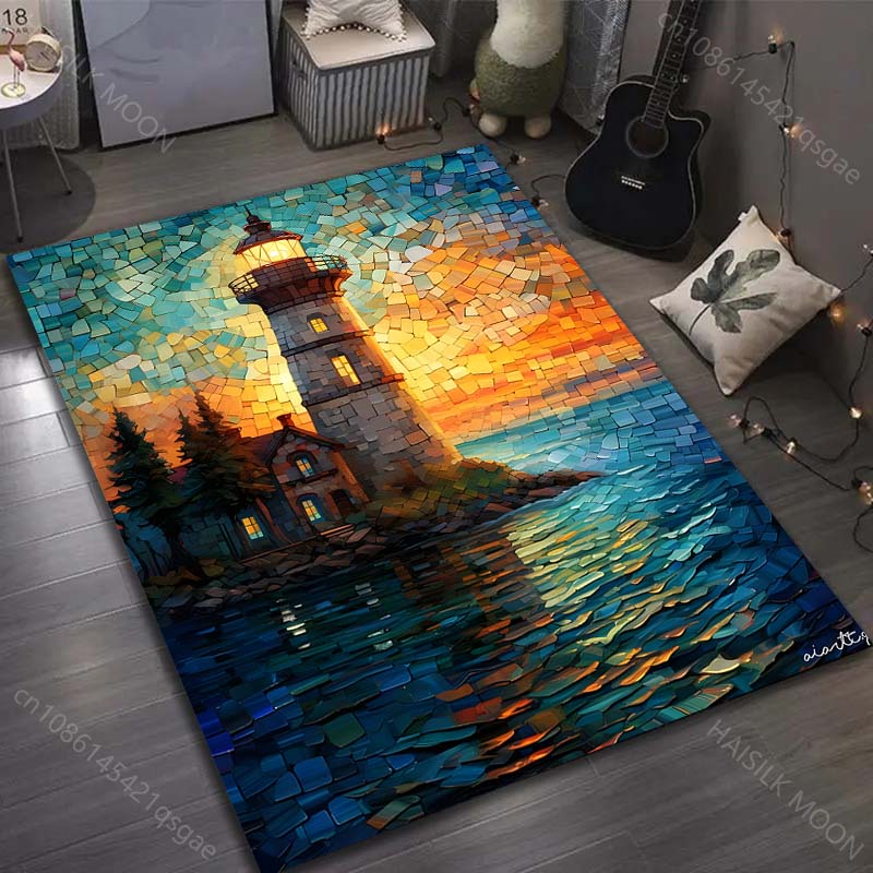 Seaside Lighthouse Stained Glass Window Print Carpet for Bedroom Living Room Bedside Sofa Floor Mat Modern Home Decor Area Rug