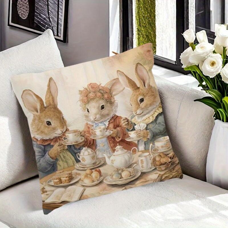 1pc 1 Piece Easter Decorative Pillow Cover - Vintage Style Three Bunnies Print
