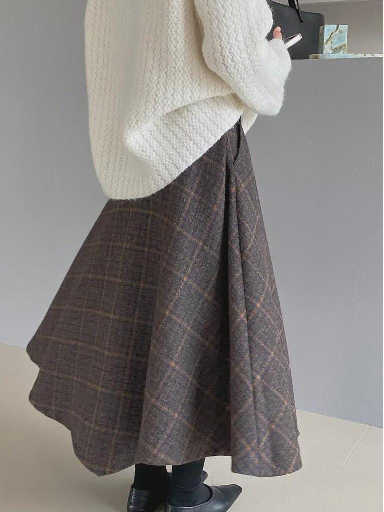 Jiangzuo 3D Cut Retro Wool Plaid Skirt 6167