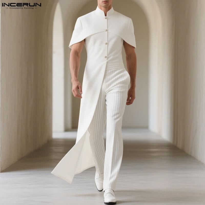 INCERUN Men Stand Neck Short Sleeve Buttons Side Splits Irregular Shirts Tops