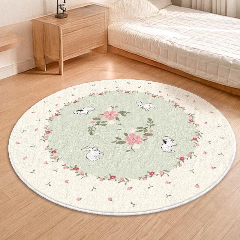 Cartoon Kitten Round Area Rug Non Slip Washable Plush Floor Mat Cute Cat Pattern Kids Bedroom Indoor Home Decor Carpet