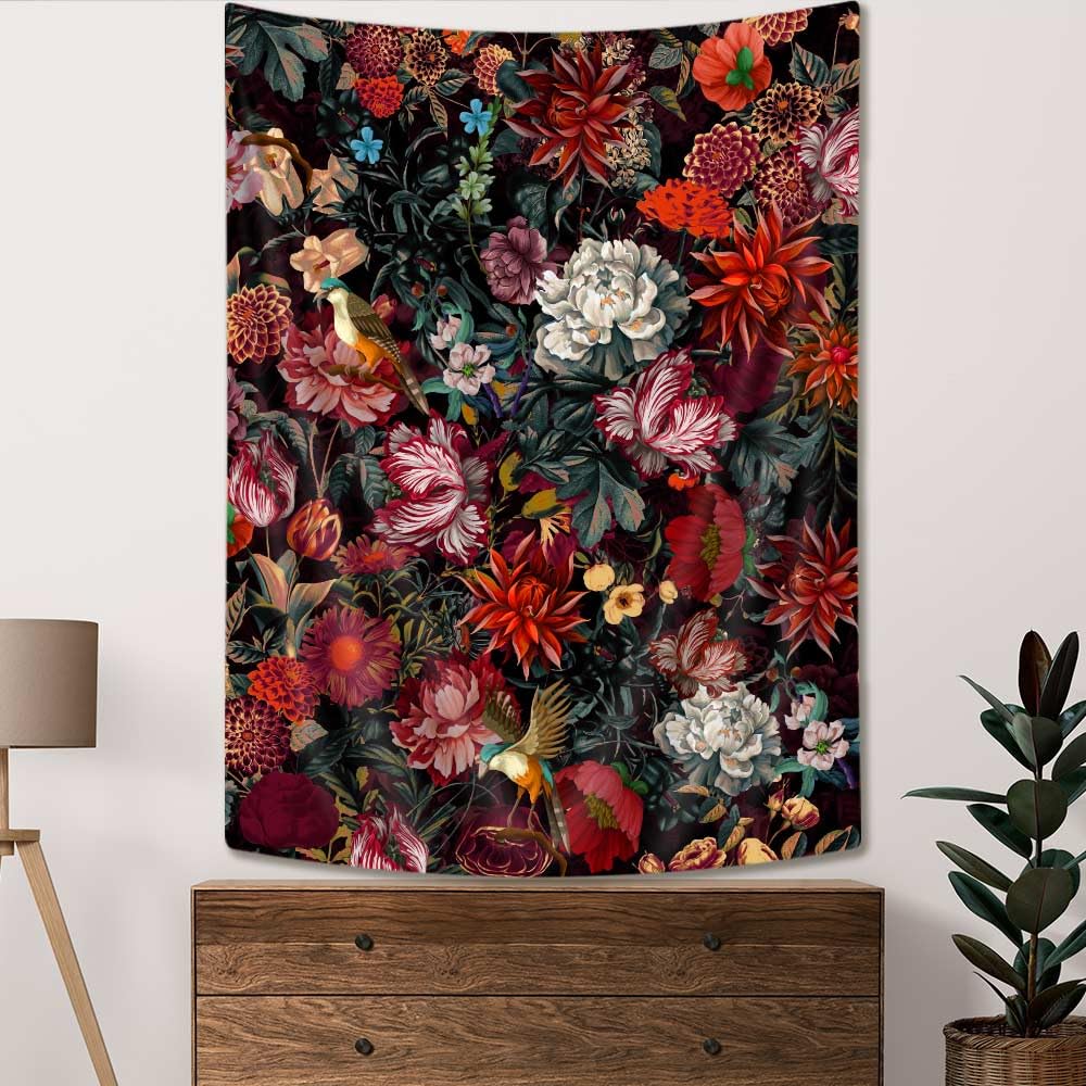 Dark Floral Garden Tapestry, Vintage Red White Rose Print Large Wall Hanging for Bedroom Living Room Aesthetic Home Decor