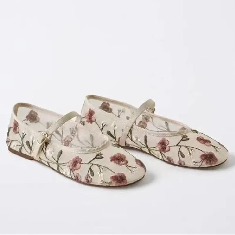 Mode Elegante Blumen Bestickt Marken Ballerinas Damen Atmungsaktives Mesh-Design Mary Jane Schuhe Leichte Bequeme Flache Sandalen