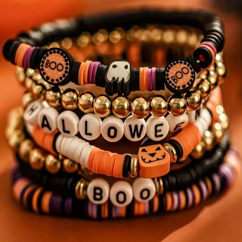 7Pcs Stackable Beaded Bracelet Set Halloween Pumpkin Ghost Charms Cute Jewelry for Women Girls Trick or Treat Accessory