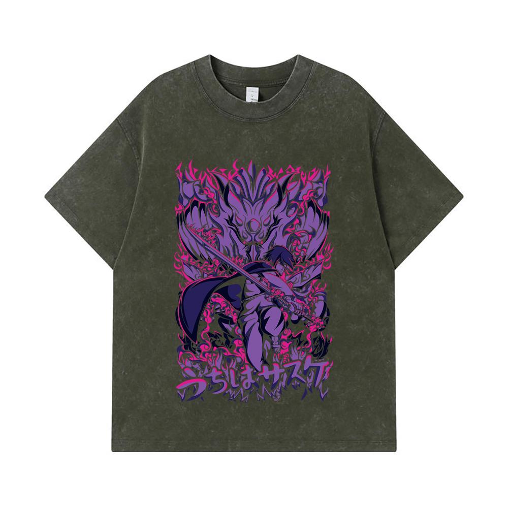 

275 GSM Washed T-shirts 100% Cotton Naruto V16 Sasuke Print Unisex Heavy Cotton T Shirt S армия зеленый