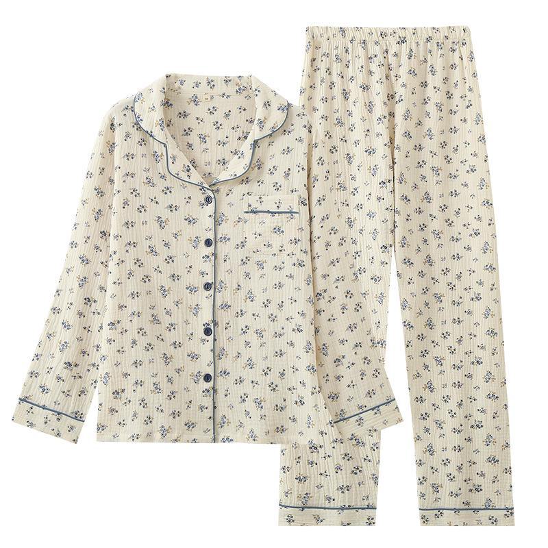Women's Floral Double-Layer Cotton Gauze Pajama Set - Long Sleeve, Spring/Autumn