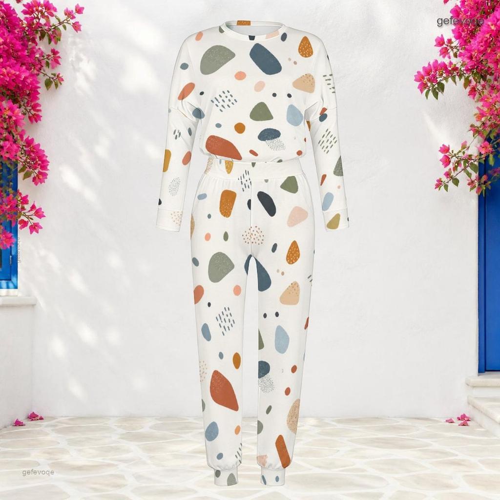 Women Plus Size Geometric Printed Round Neck Long Sleeve Two Piece Set Cuffed Top And Pants With Pockets