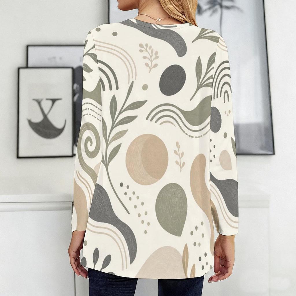 Women Plus Size Round Neck Long Sleeve Printed Loose Fit Longline T Shirt With Pockets