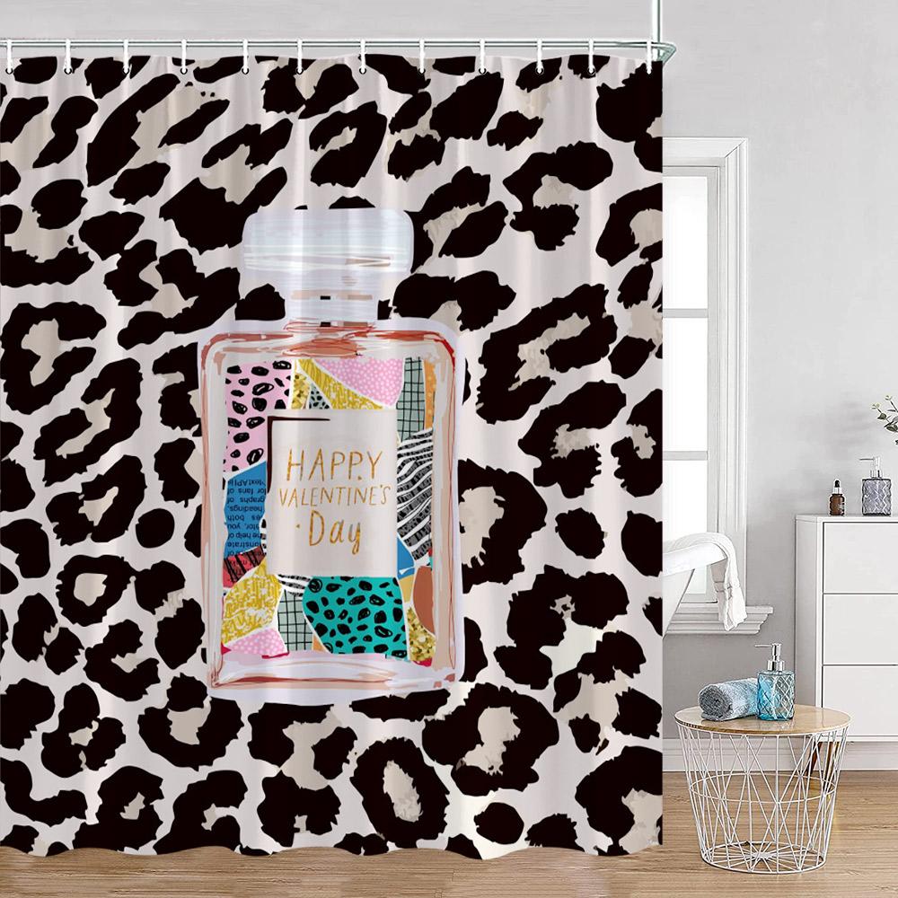 Pink Perfume Shower Curtains Cosmetic Lipsticks Red Lips Flower Panther Pattern Bathroom Decorations Polyester Bath Curtain