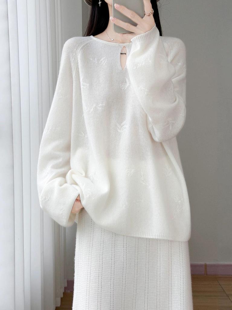 Women's Pure Wool Loose Pullover Sweater - Willow Leaf Embroidered Round Neck Knitwear