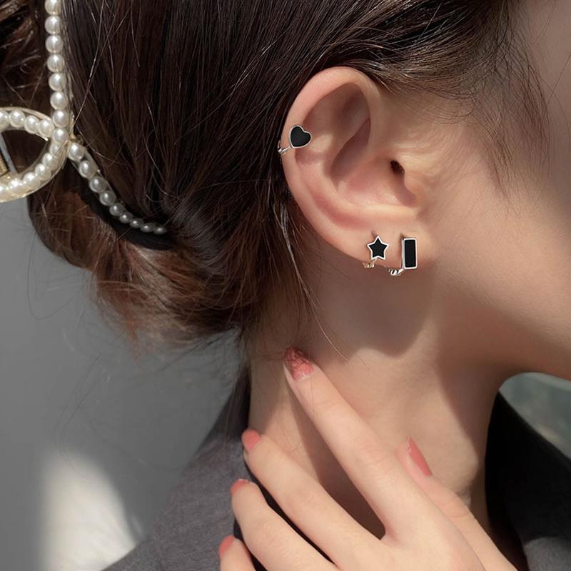 Real 925 Sterling Silver Black Enamel Square Huggies Hoop Earrings For Women Punk Fine Jewelry Accessories Drop Shipping