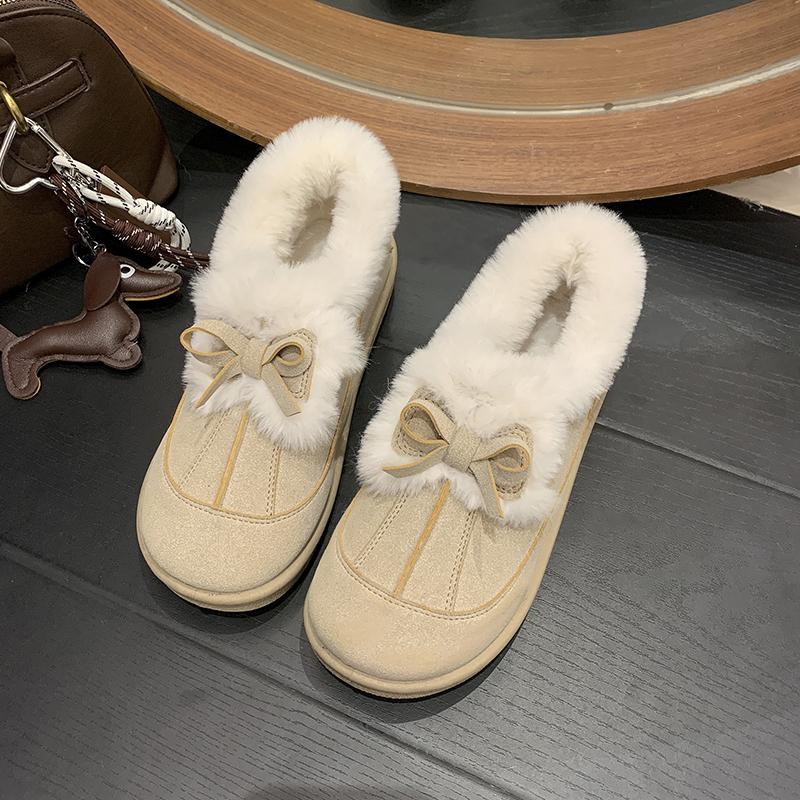Winter Warm Short Plush Suede Casual Shoes Women 2026 Sweet Bowknot Furry Non Slip Snow Boots Fluffy Fur Woman's Ankle Boots