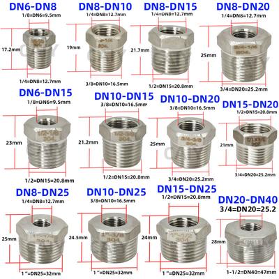 Redukční vsuvka vnější x vnitřní 1/8" 1/4" 1/2" 3/4" 1" DN8 DN10 DN15 DN20 BSP závit 304 nerezová ocel instalatérské potrubní armatury