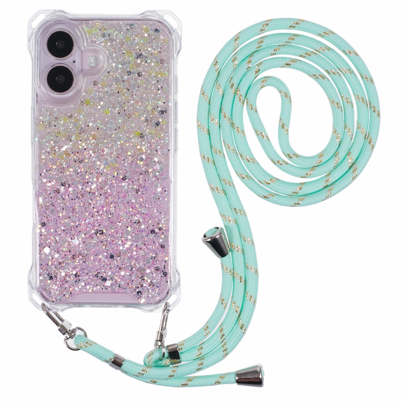 

For iPhone 16 Plus Case Reinforced Corner TPU+Acrylic Dual Color Phone Cover with Strap Yellow Pink